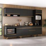 Cozinha Modulada Completa Compacta 5 Peças Com Balcão Para Cooktop Veneza Multimóveis Mp2268 Preto Dourado