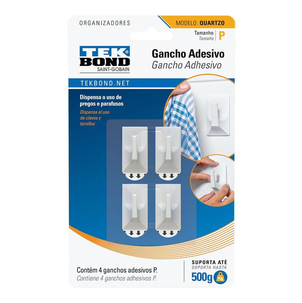 Gancho Plástico Adesivo Quartzo Pequeno - Até 500g - 4 Unidades - Tekbond Branco Tek Bond