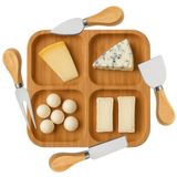 Kit Petisqueira 4 Divisórias + Jogo 4 Utensílios Para Queijo