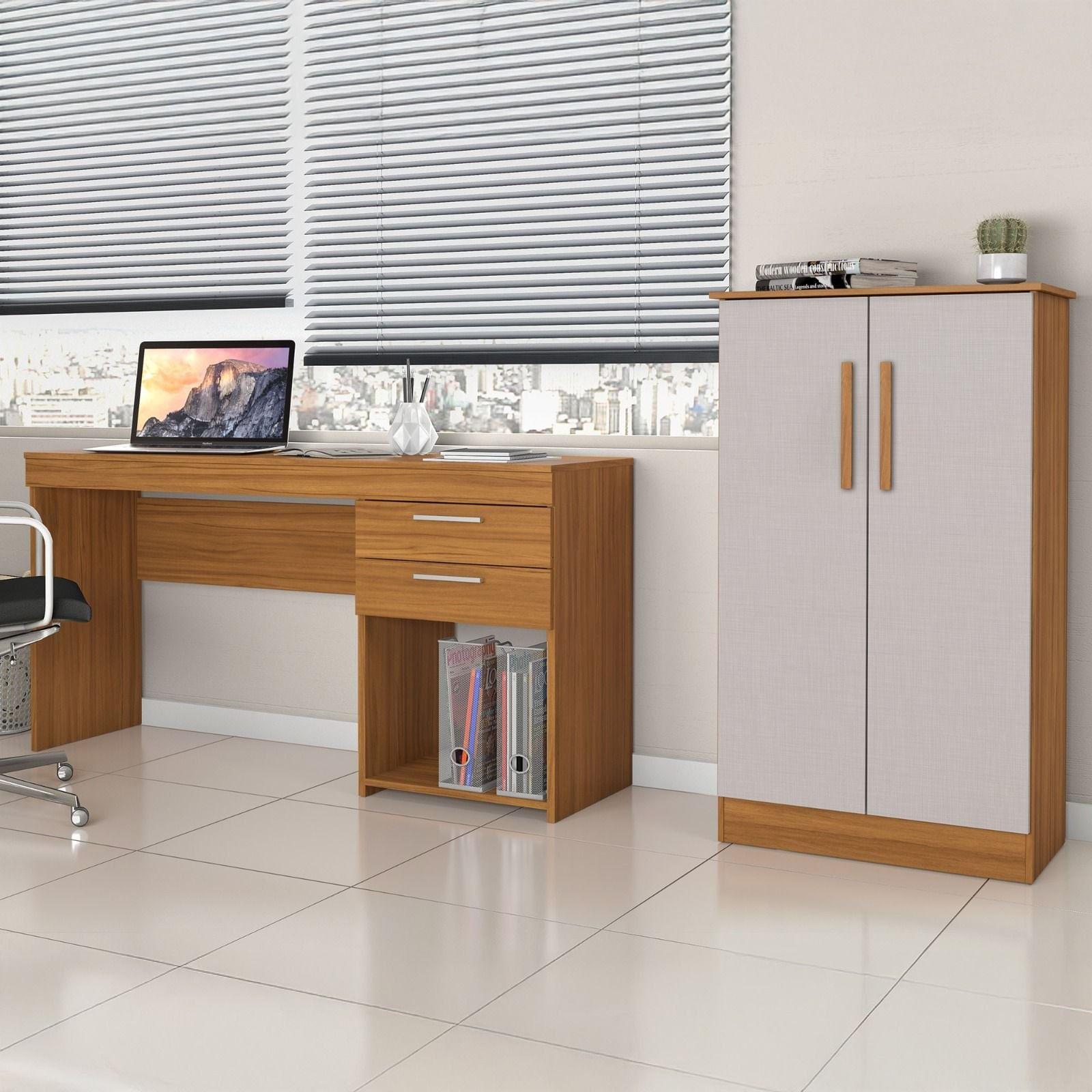 Kit 2 Peças Para Escritório Com Escrivaninha 120cm E Armário Multiuso Freijó