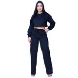 Conjunto Feminino Moletom Cropped Com Calça Reta