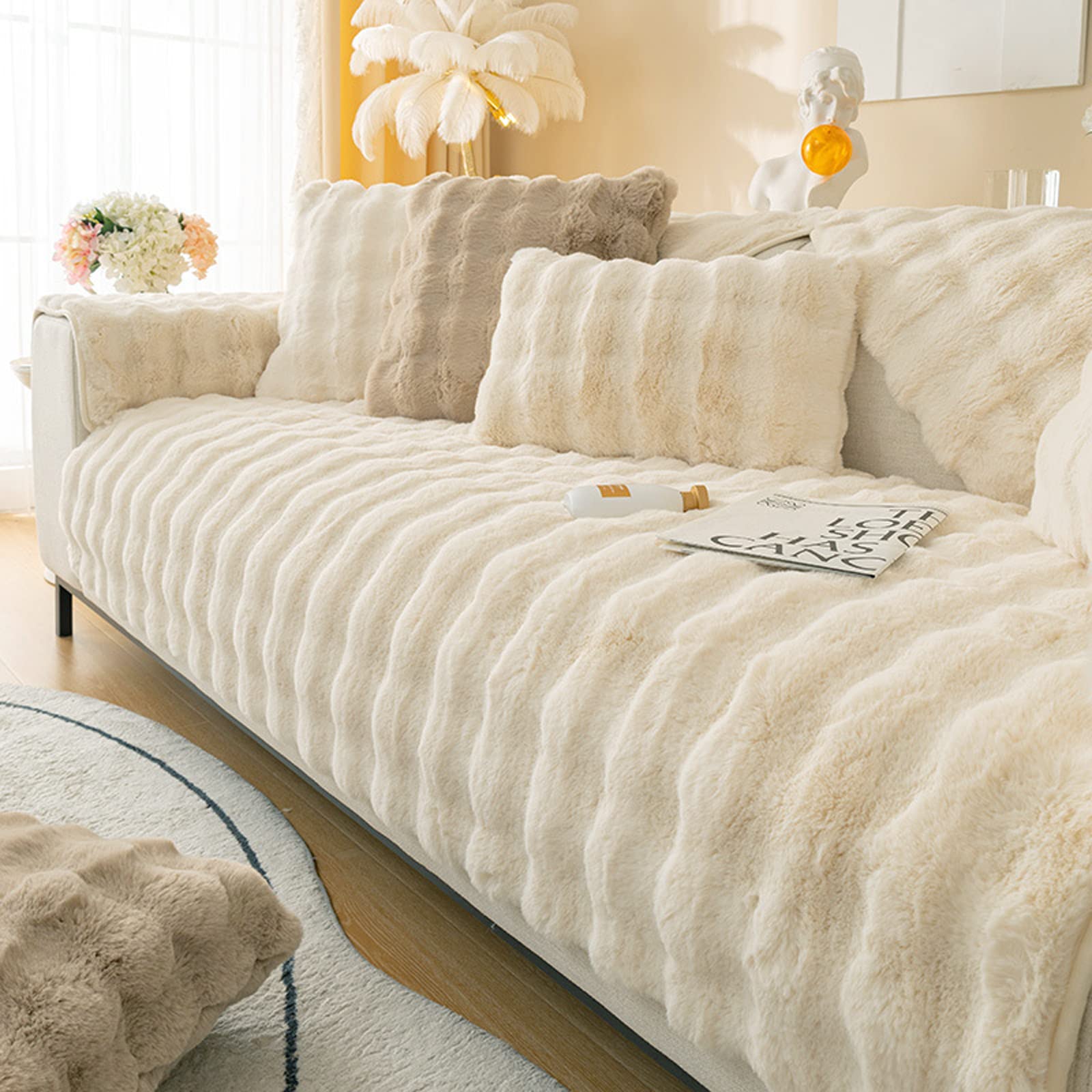 Capa De Sofá Merrylife Thick Plush Faux Rabbit Fur Bege