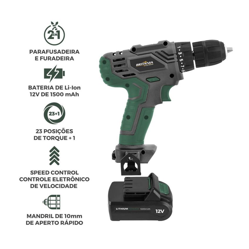 Parafusadeira 2 Em 1 Britânia Speed Control Bpfe12m 800rpm Bivolt - imagem 2