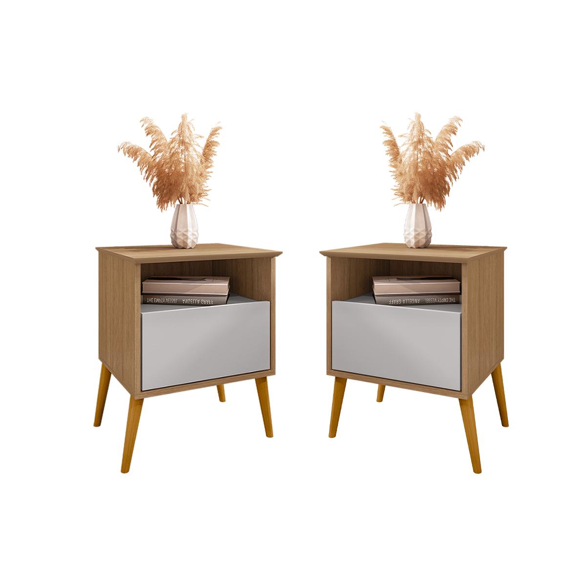 Kit 2 Mesa De Cabeceira Cancun 1 Gaveta Pés Madeira Maciça Cinamomo/off White