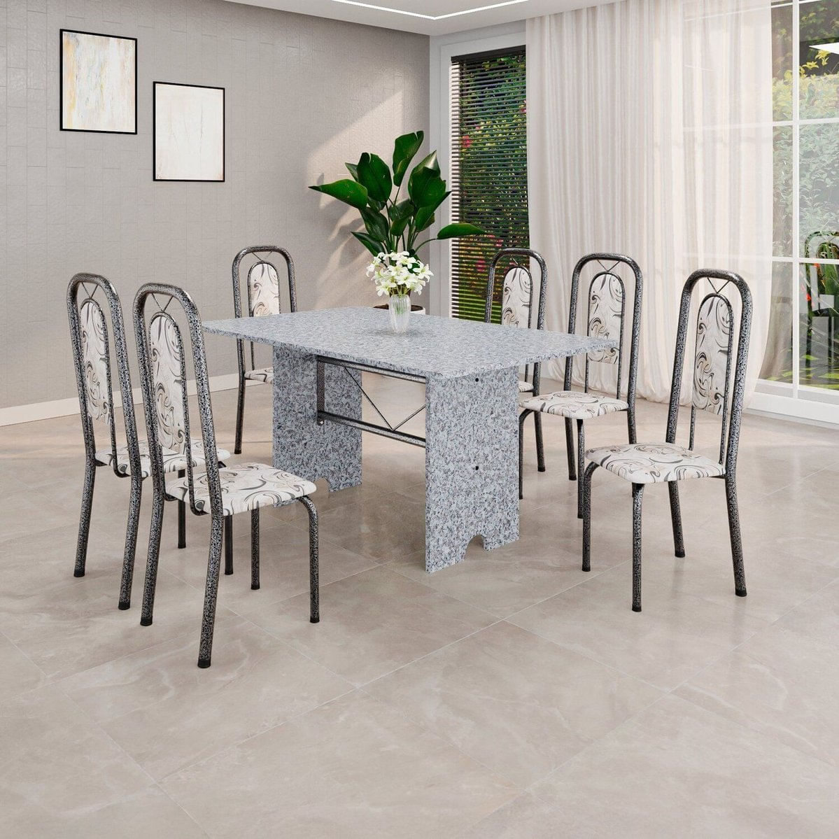 Conjunto Sala De Jantar Com 6 Cadeiras Lara Arabesco / Prata