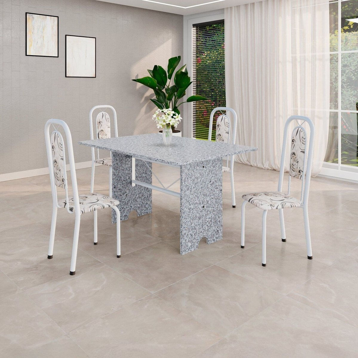 Conjunto Sala De Jantar Com 4 Cadeiras Lara Arabesco / Branco