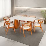 Conjunto Mesa Fortaleza Com 6 Cadeiras Em Madeira Maciça, Rattan 100% Natural E Estofada Verona Espr Champagnhe/off White