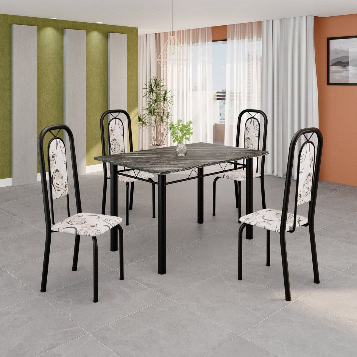 Conjunto Sala De Jantar Com 4 Cadeiras Lara Arabesco / Preto