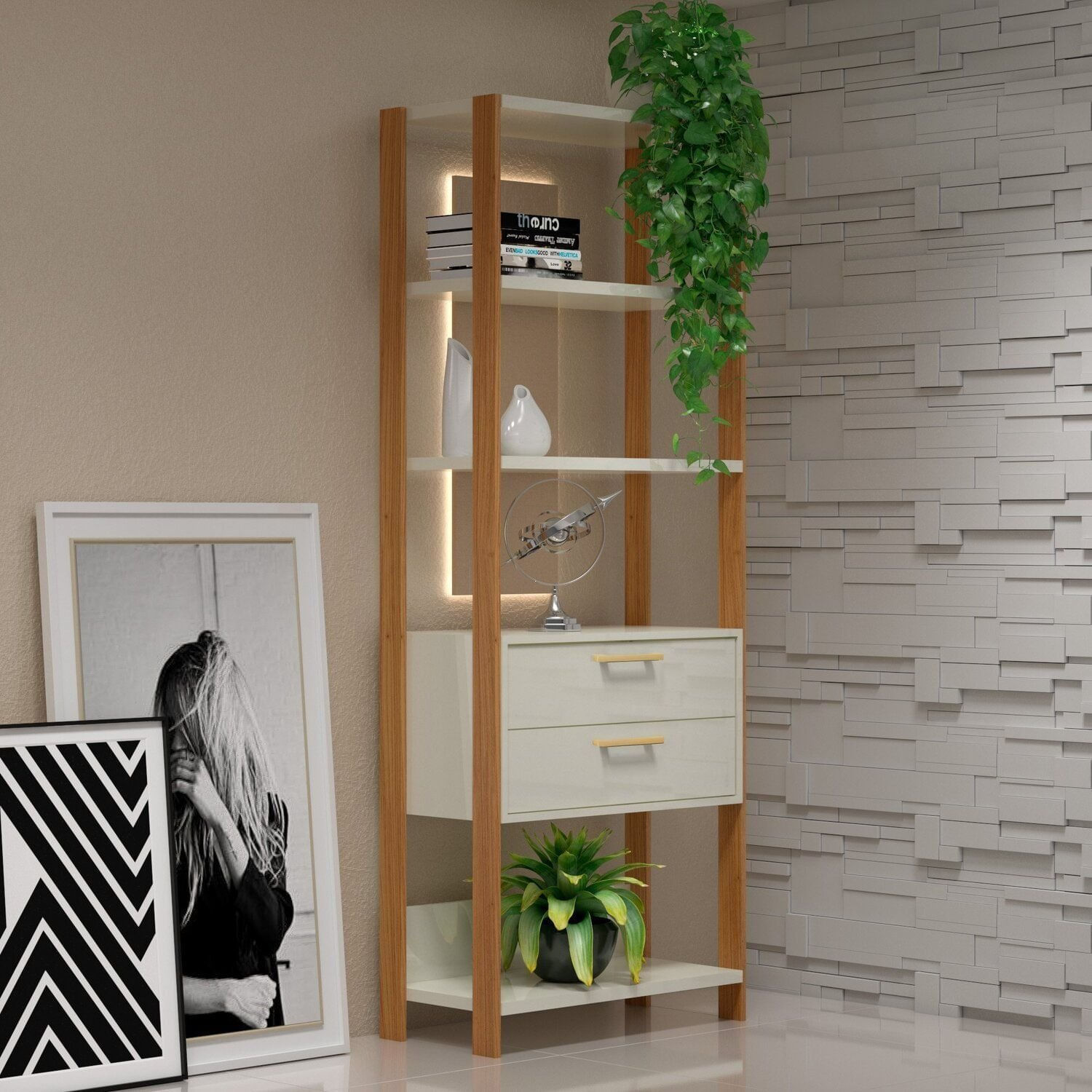 Estante Para Livros 185cm X 73cm Contemporâneo Freijó/off White