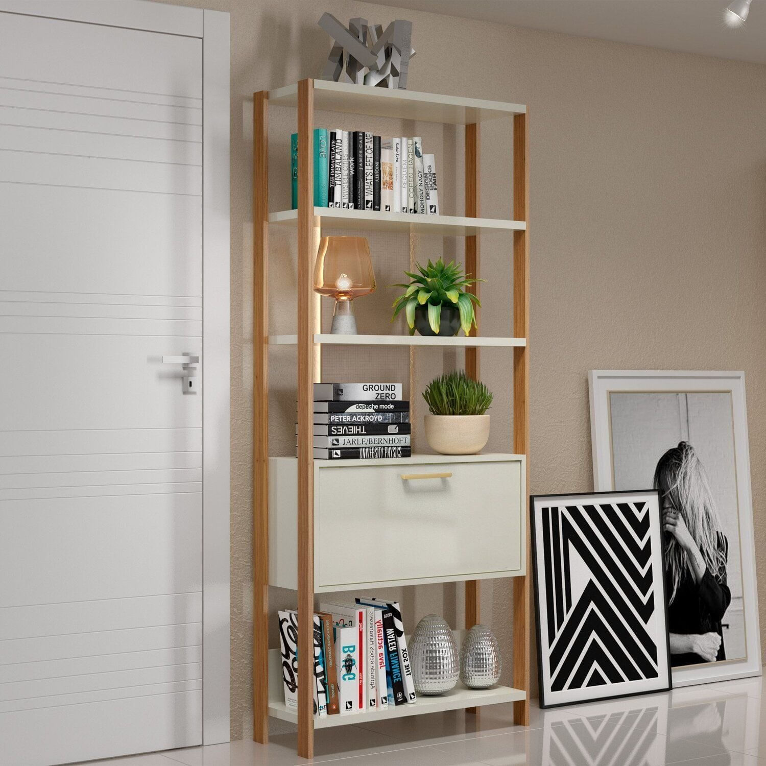 Estante Para Livros 185cm X 73cm Contemporâneo Freijo / Off White