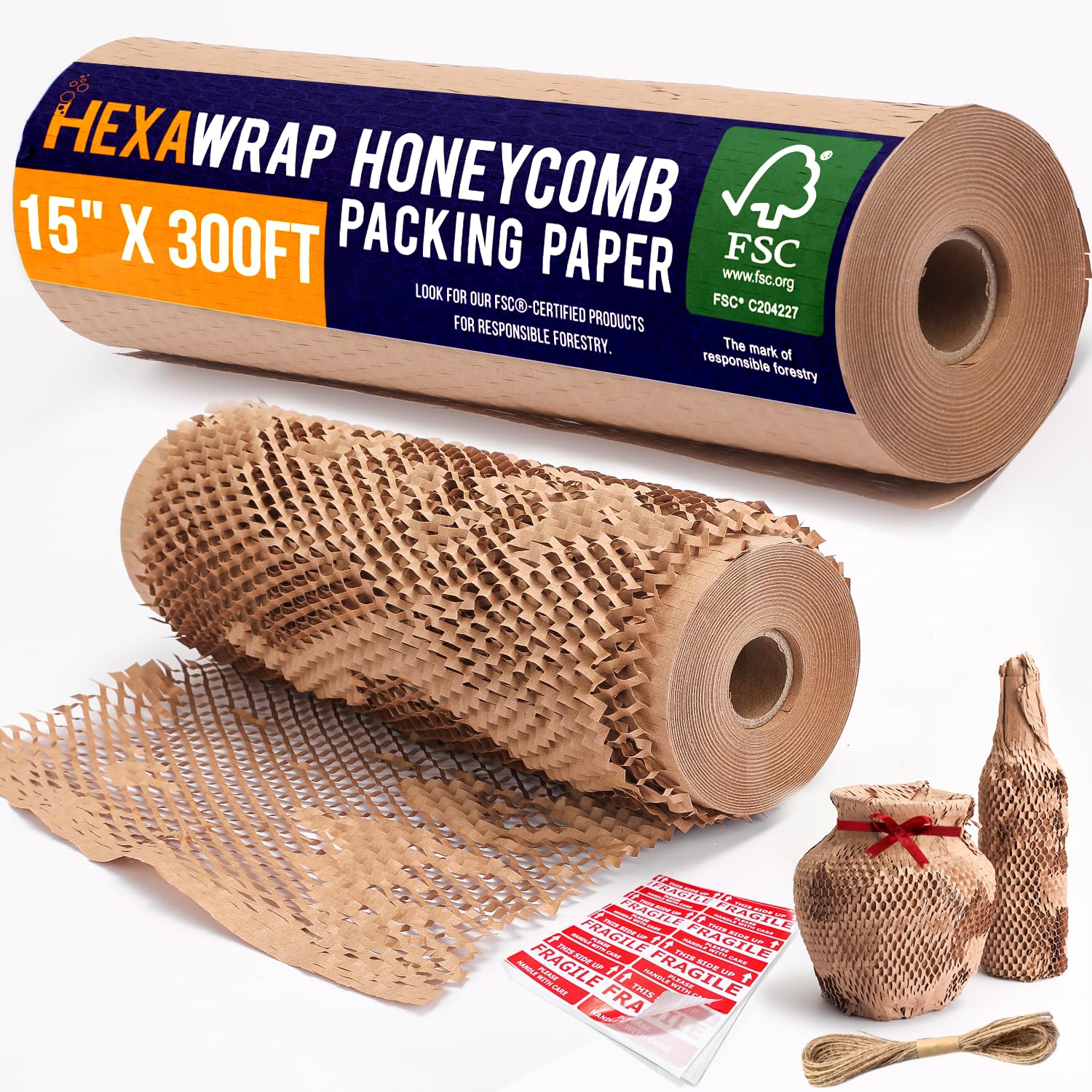 Papel De Embalagem Hexawrap Honeycomb 15x91m Com Corda E Adesivos