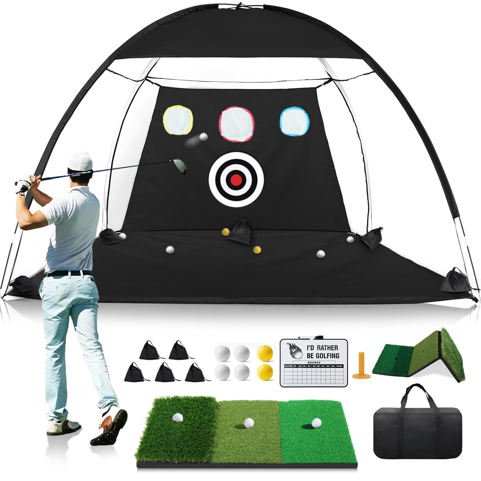Golf Net Ywitio 10 X 7 Pés Com Tapete Dobrável Tri-turf E Placar