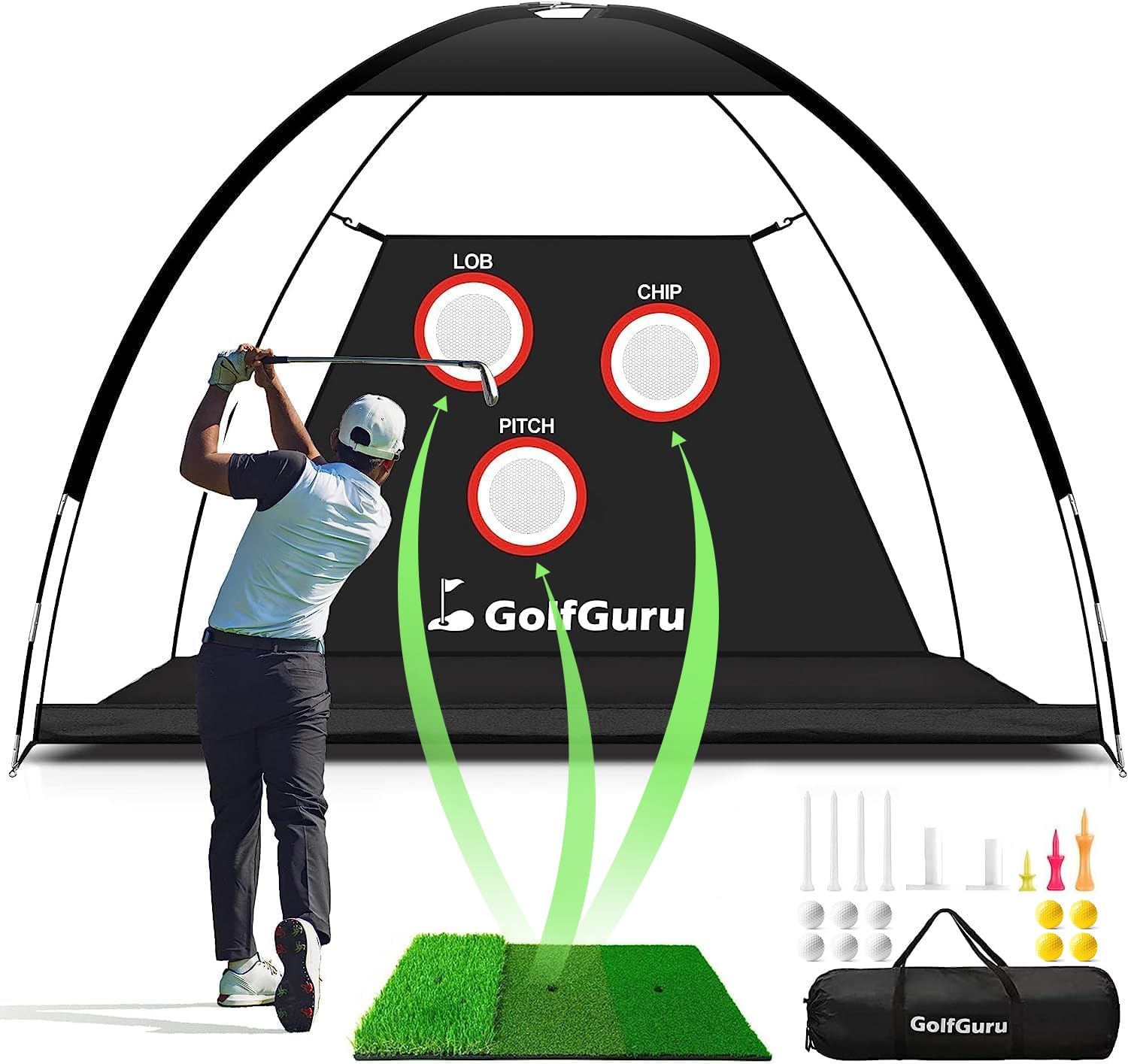 Golf Net Golfguru De 10 X 7 Pés Com Pro Chipping Target, Tapete E Acessórios