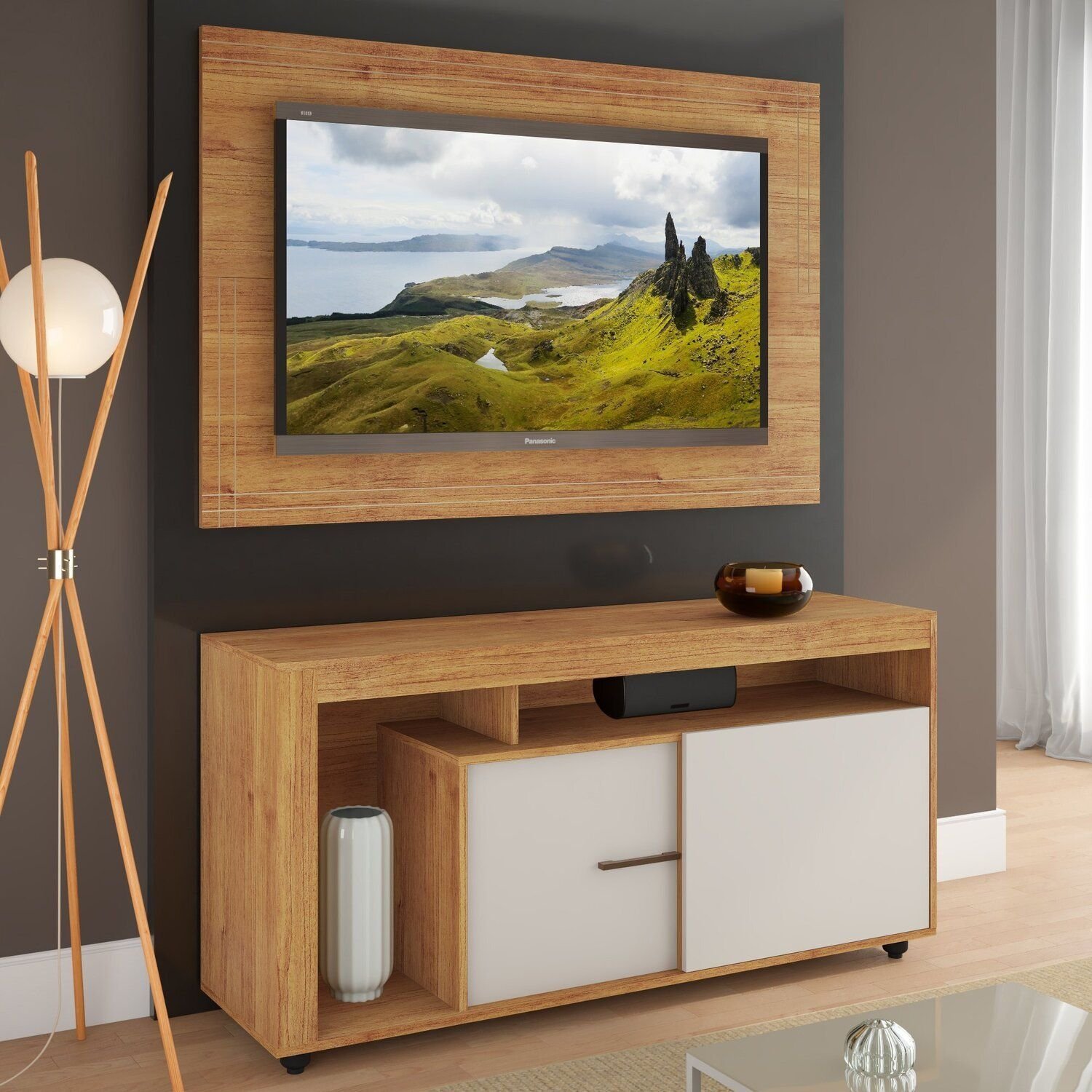 Rack Com Painel Para Tv 55 Polegadas Mel/ Off White