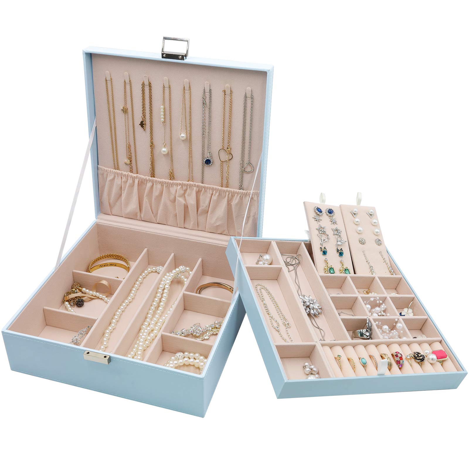 Caixa De Joias Procase, Organizador De Couro Grande De 2 Camadas - Azul