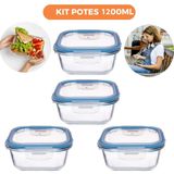 Kit 4 Pote De Vidro Hermético Quadrado 1200ml