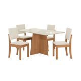 Conjunto De Mesa De Jantar Retangular Com Tampo De Vidro Off White Lotus E 4 Cadeiras Luna Linho Areia E Canela