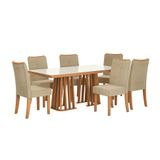 Conjunto De Mesa De Jantar Retangular Com Tampo De Vidro Off White Alteia E 6 Cadeiras Elva Bouclé Bege E Canela