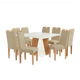 Conjunto De Mesa De Jantar Quadrada Com Tampo De Vidro Off White E 8 Cadeiras Dalia Bouclé Bege E Eucalipto