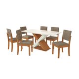 Conjunto De Mesa De Jantar Retangular Com Tampo De Vidro Off White Graviola E 6 Cadeiras Luna Bouclé Fendi E Canela