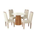Conjunto De Mesa De Jantar Redonda Com Tampo De Vidro Off White E 4 Cadeiras Jade Linho Areia E Eucalipto