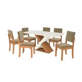 Conjunto De Mesa De Jantar Retangular Com Tampo De Vidro Off White Graviola E 6 Cadeiras Luna Suede Bege E Canela