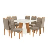 Conjunto De Mesa De Jantar Quadrada Com Tampo De Vidro Off White E 8 Cadeiras Dalia Linho Amêndoa E Eucalipto