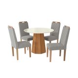 Conjunto De Mesa De Jantar Redonda Com Tampo De Vidro Off White E 4 Cadeiras Jade Bouclé Cinza E Eucalipto