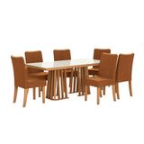 Conjunto De Mesa De Jantar Retangular Com Tampo De Vidro Off White Alteia E 6 Cadeiras Elva Bouclé Terracota E Canela