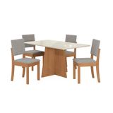 Conjunto De Mesa De Jantar Retangular Com Tampo De Vidro Off White Lotus E 4 Cadeiras Luna Bouclé Cinza E Canela