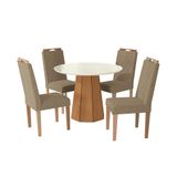 Conjunto De Mesa De Jantar Redonda Com Tampo De Vidro Off White E 4 Cadeiras Jade Bouclé Fendi E Eucalipto