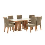 Conjunto De Mesa De Jantar Retangular Com Tampo De Vidro Off White Alteia E 6 Cadeiras Elva Suede Bege E Canela