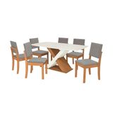 Conjunto De Mesa De Jantar Retangular Com Tampo De Vidro Off White Graviola E 6 Cadeiras Luna Bouclé Cinza E Canela