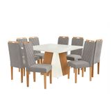 Conjunto De Mesa De Jantar Quadrada Com Tampo De Vidro Off White E 8 Cadeiras Dalia Bouclé Cinza E Eucalipto
