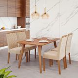 Conjunto De Mesa Retangular Com Tampo De Mdf Cinamomo Adele E 4 Cadeiras Paola Suede Nude E Madeira