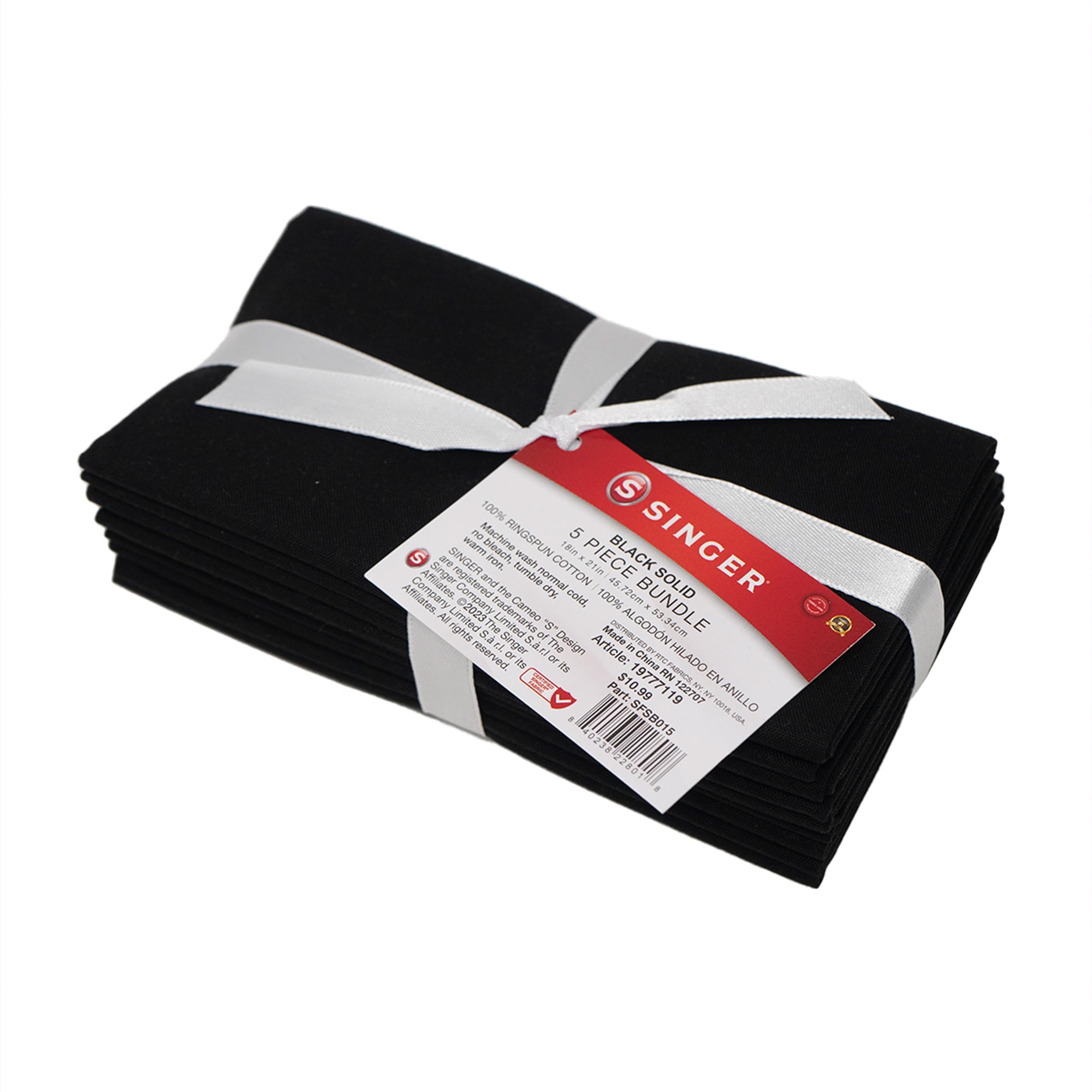 Pacote De Tecido Singer 100% Algodão Preto Sólido, 5 Peças