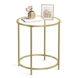 Mesa Lateral Vasagle De Vidro Redondo Com Moldura De Metal Cor Dourada