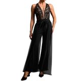 Macacão Tsukko Preto Sem Mangas Deep-v Lace Maxi Para Mulheres