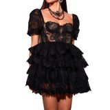 Vestido Bella Barnett Mini Gótico De Malha De Renda Em Camadas, Preto