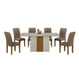Conjunto De Mesa De Jantar Retangular Com Tampo De Vidro Off White E 6 Cadeiras Doha Veludo Camurça E Freijó