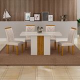 Conjunto De Mesa Retangular Com Tampo De Vidro Off White E 4 Cadeiras Doha Veludo Palha