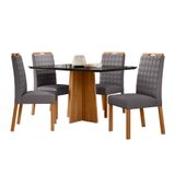 Conjunto De Mesa Retangular Com Tampo De Vidro Preto Anitta E 4 Cadeiras Mariah Poliéster Cinza E Ypê