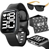 Relogio Digital Infantil + Oculos Proteção Sol Uv Haste Madeira Pulseira Ajustavel Preto Menino