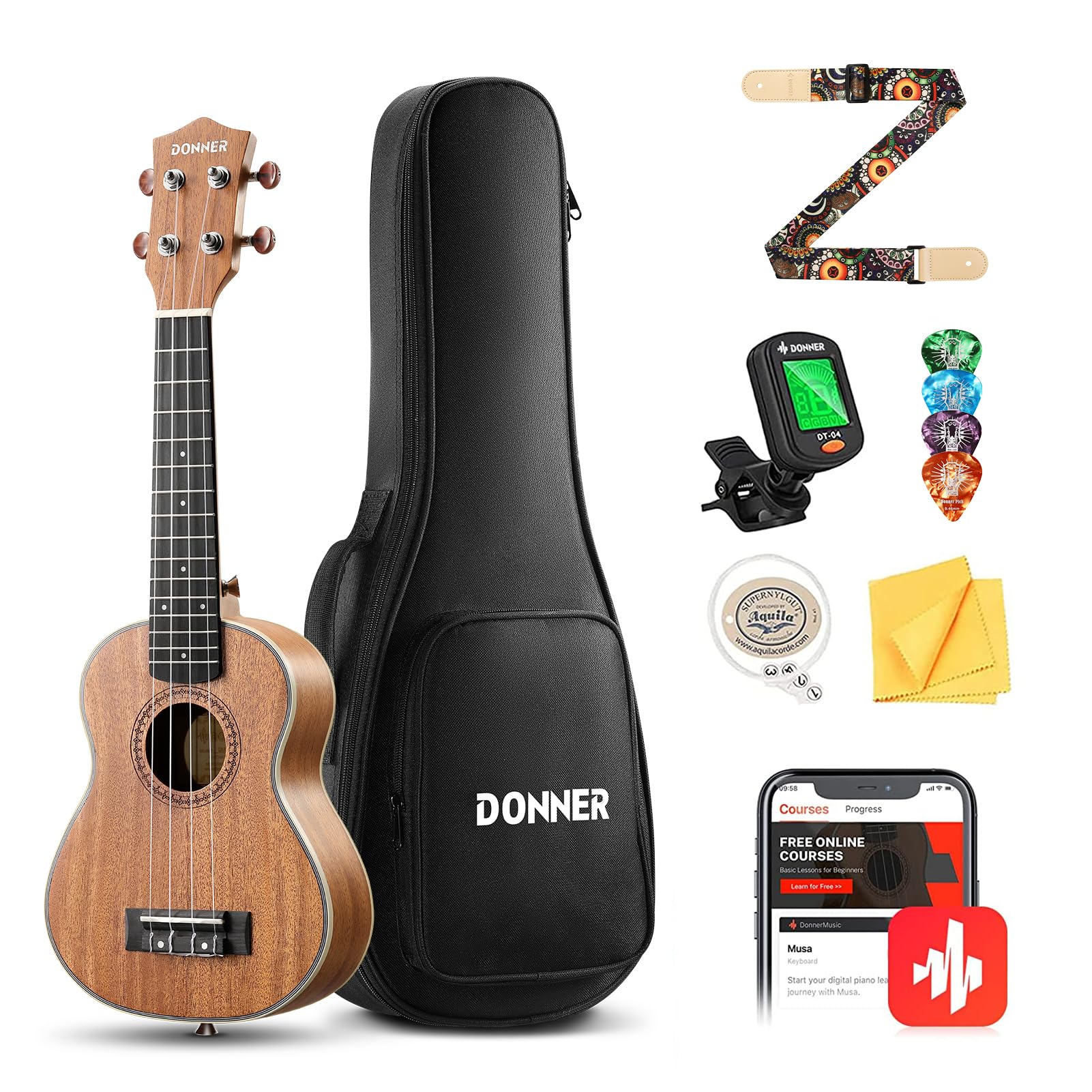 Ukulele Concert Donner Duc-200 Em Madeira De Mogno De 23 Polegadas Com Kit