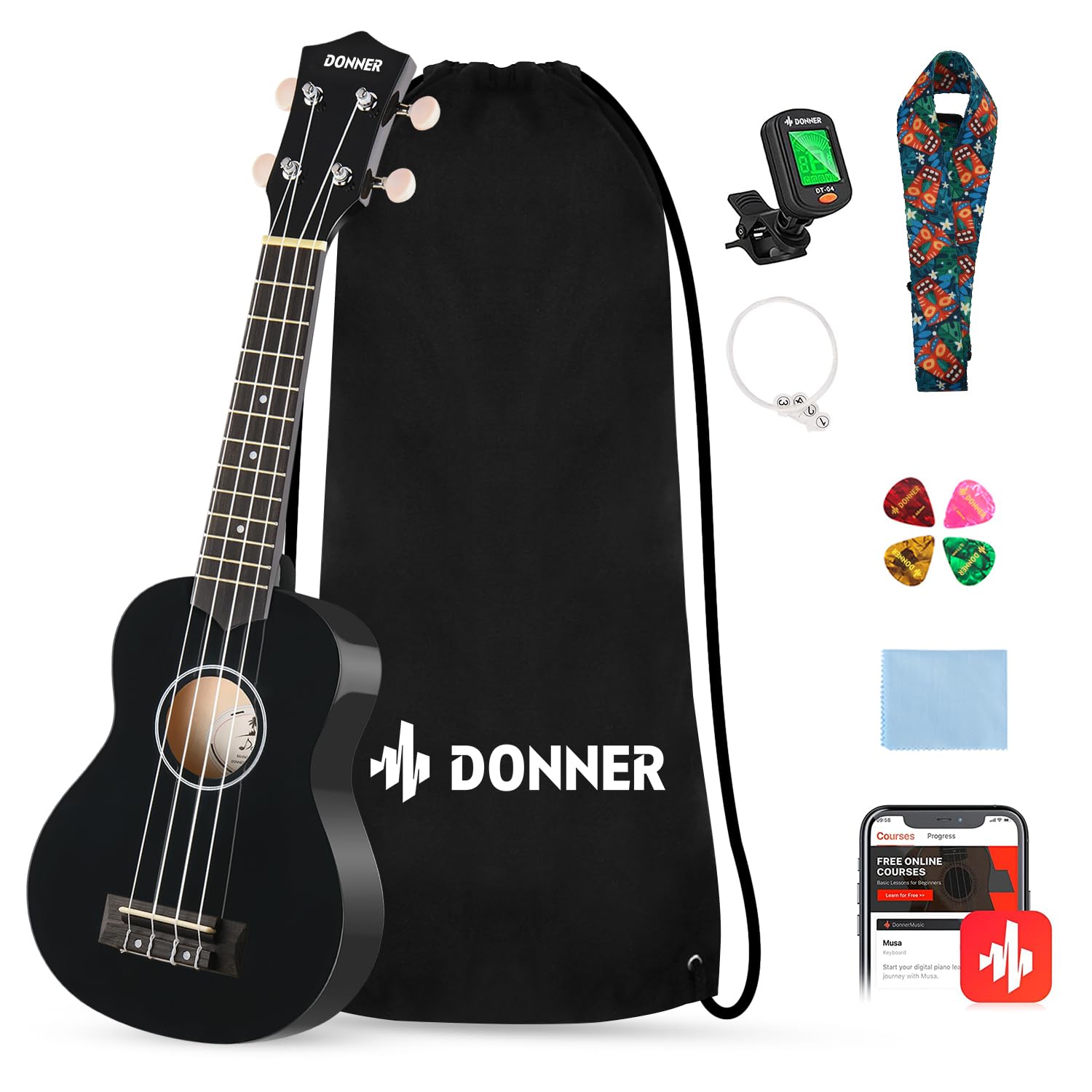 Kit De Pacote Inicial Ukulele Donner Soprano De 21 Polegadas Com Aulas Pretas