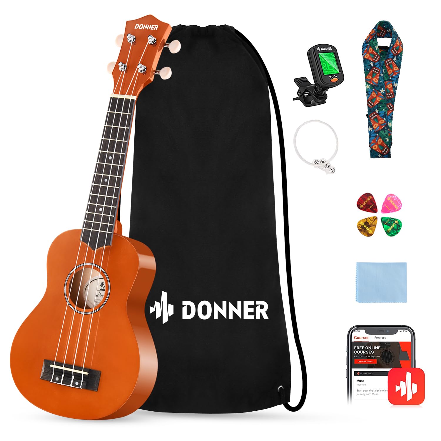 Pacote Inicial Ukulele Donner Soprano De 21 Polegadas Para Iniciantes, Laranja