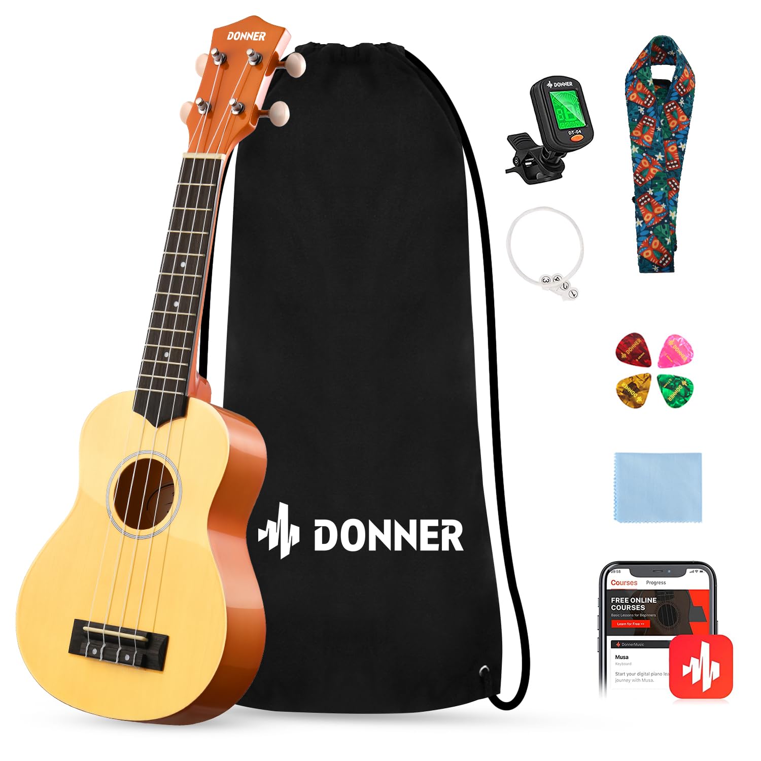 Pacote Inicial Ukulele Donner Soprano De 21 Polegadas Para Iniciantes