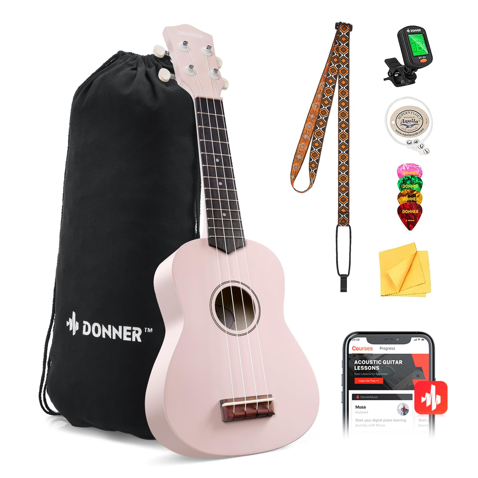 Ukulele Donner Soprano De 21 Polegadas Para Iniciantes Com Kit Rosa Claro