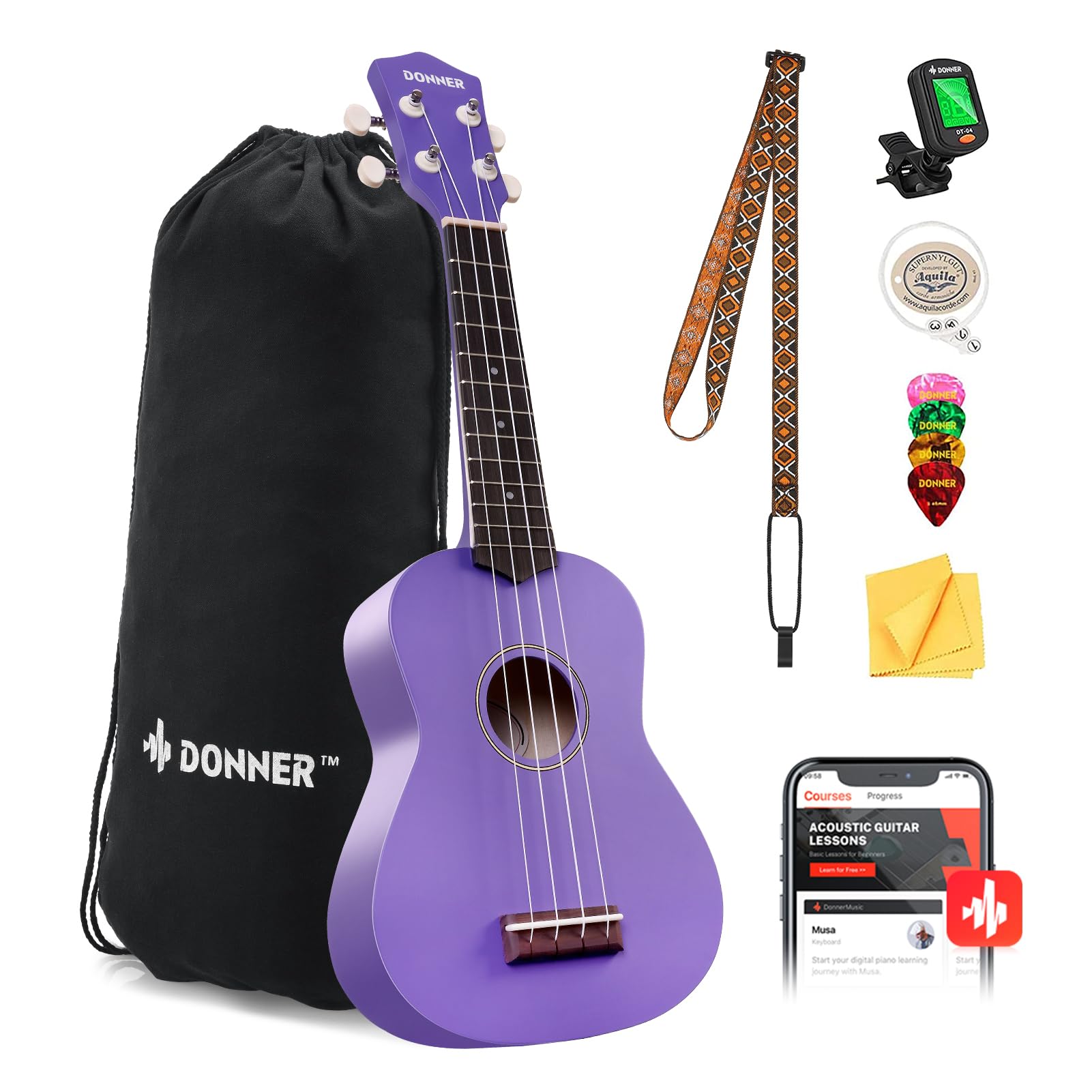 Ukulele Donner Soprano De 21 Polegadas Para Iniciantes Com Kit Roxo