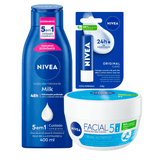Kit Hidratante Corporal Nivea Pele Seca Extrasseca 400ml + Hidratante Facial Nivea Nutritivo 100g + Hidratante Labial Nivea Original Care 4,8g